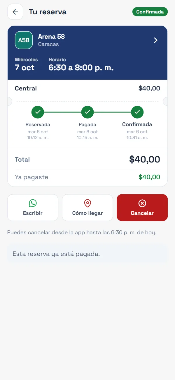 Una reserva confirmada en la app: reservada, pagada y confirmada.